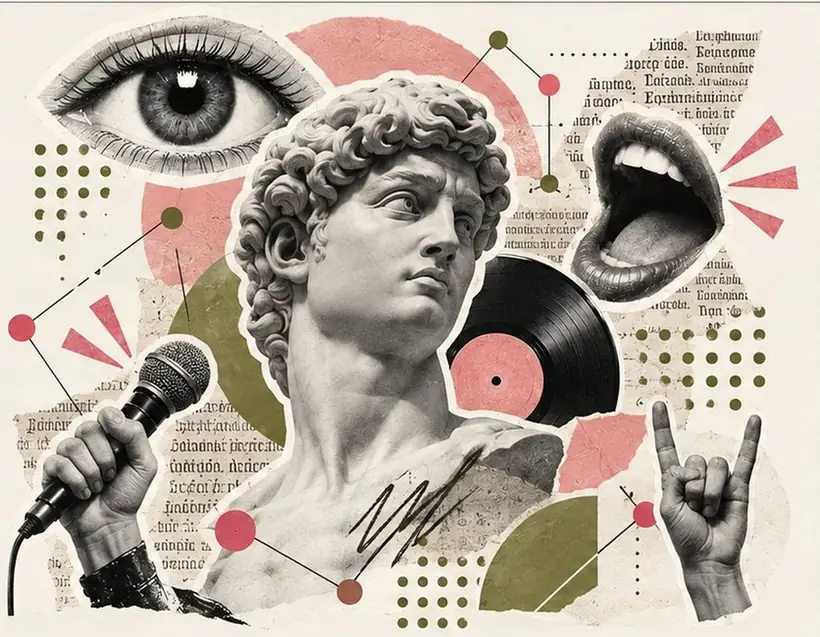 Collage: escultura clásica con micrófono, ojo, boca y vinilo