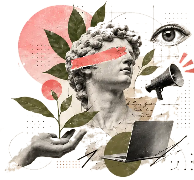 Collage: escultura clásica, una mano con un brote, megáfono, ojo y laptop